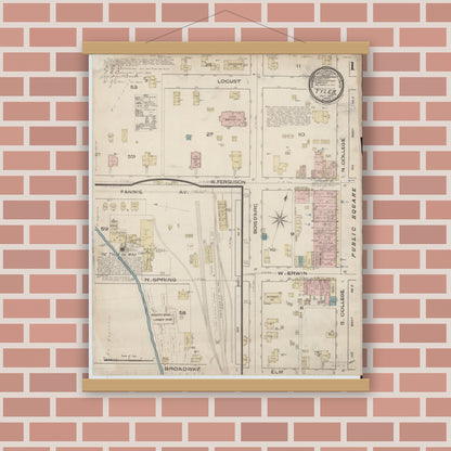 Old map wall art mockup — magnetic wood frame on brick wall — Sanborn Fire Insurance Map from Tyler, Smith County, Texas (1885), Sheet #0001