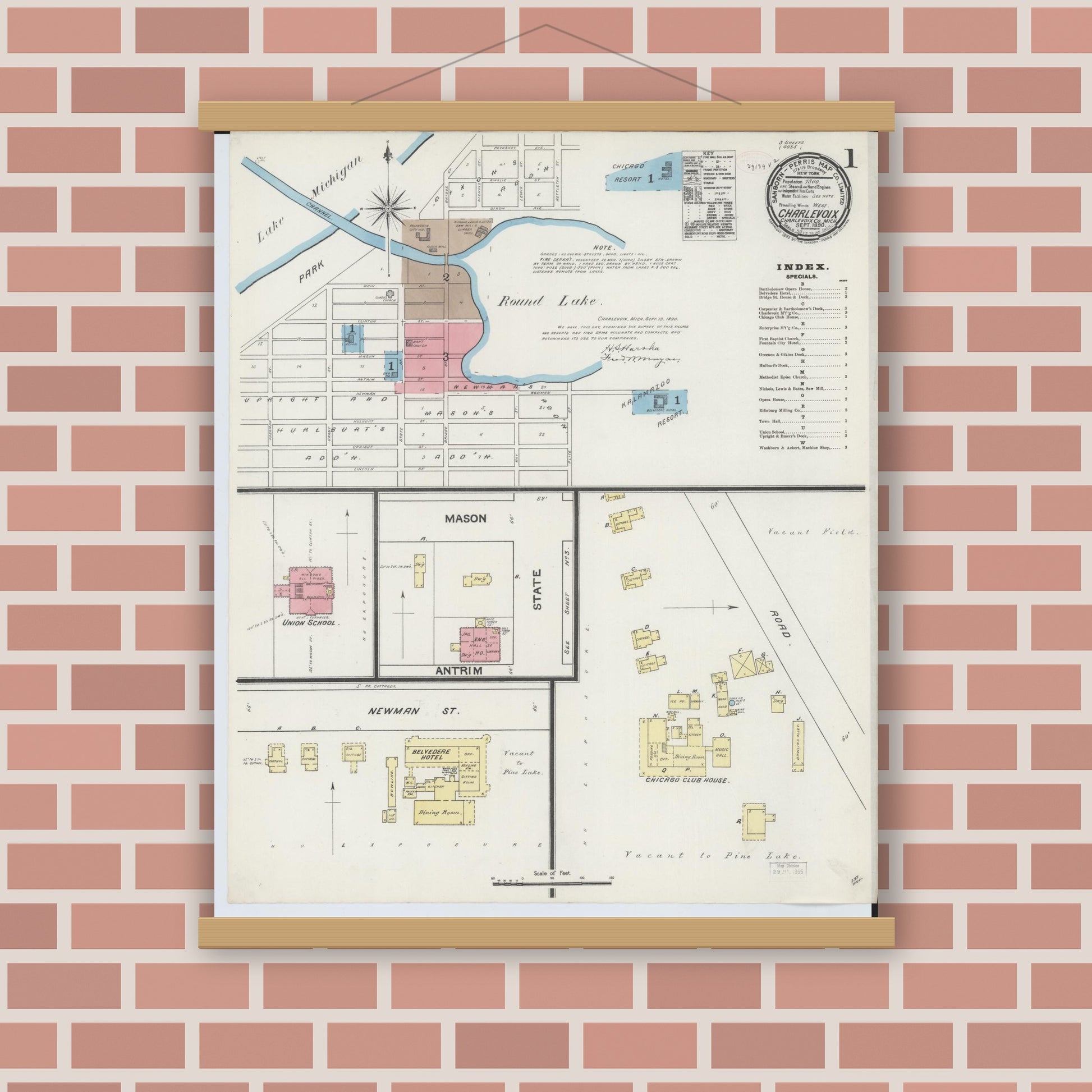 Old map wall art mockup — magnetic wood frame on brick wall — Sanborn Fire Insurance Map from Charlevoix, Charlevoix County, Michigan (1890) - Complete Map Set