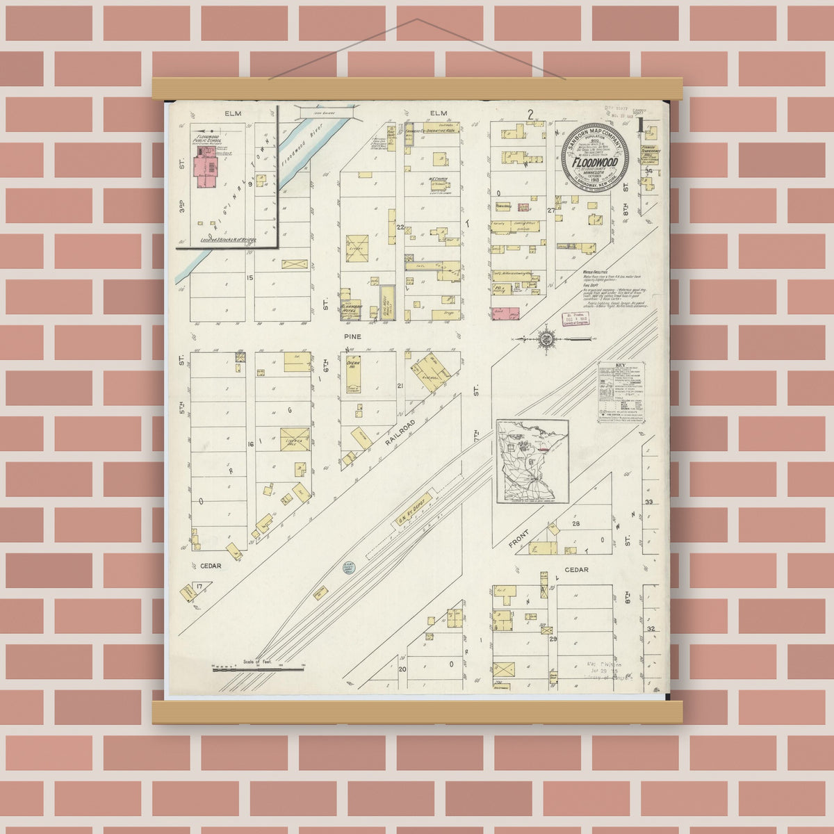 Old map wall art mockup — magnetic wood frame on brick wall — Sanborn Fire Insurance Map from Floodwood, Saint Louis County, Minnesota (1913) - Complete Map Set