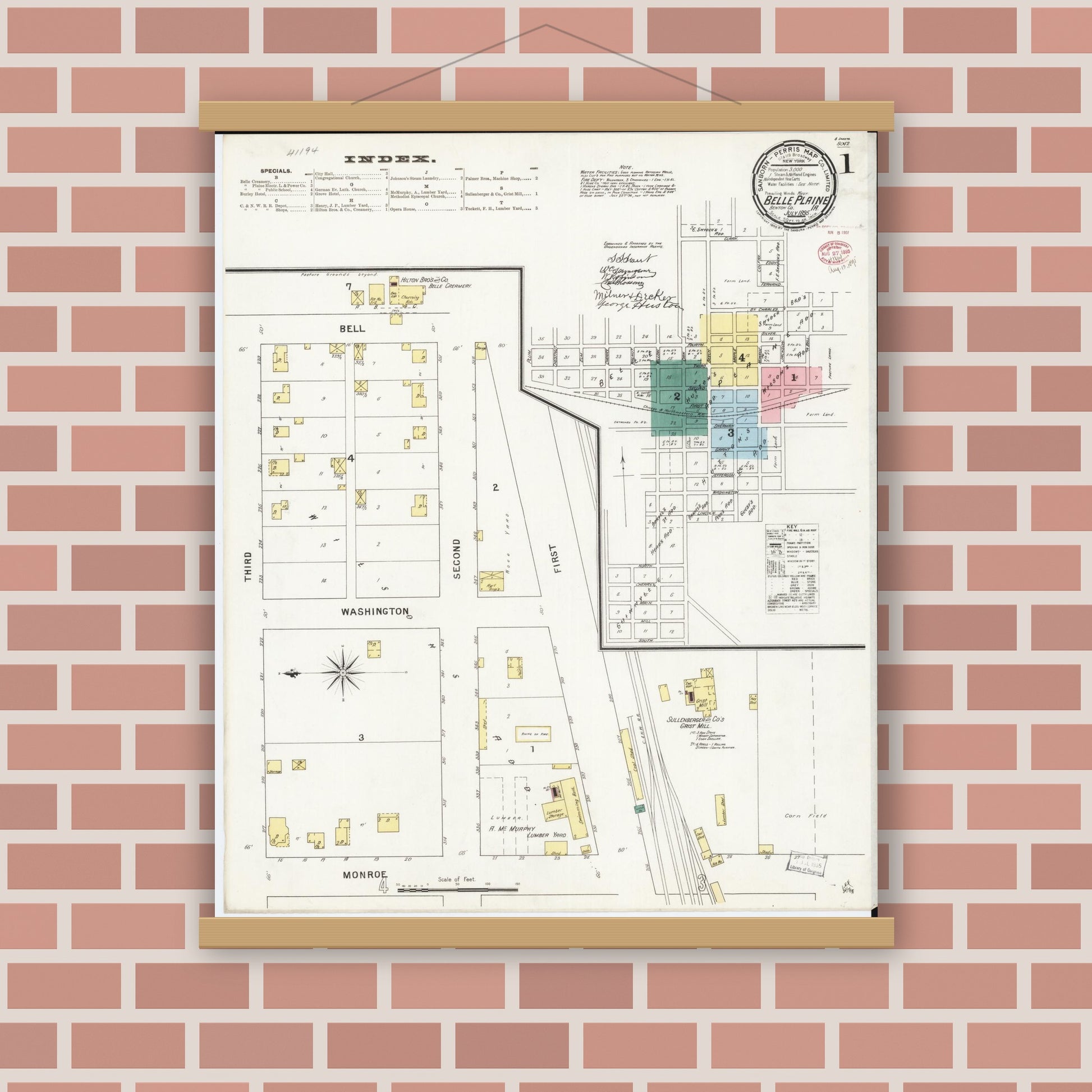 Old map wall art mockup — magnetic wood frame on brick wall — Sanborn Fire Insurance Map from Belle Plaine, Benton County, Iowa (1895) â€” Complete Set