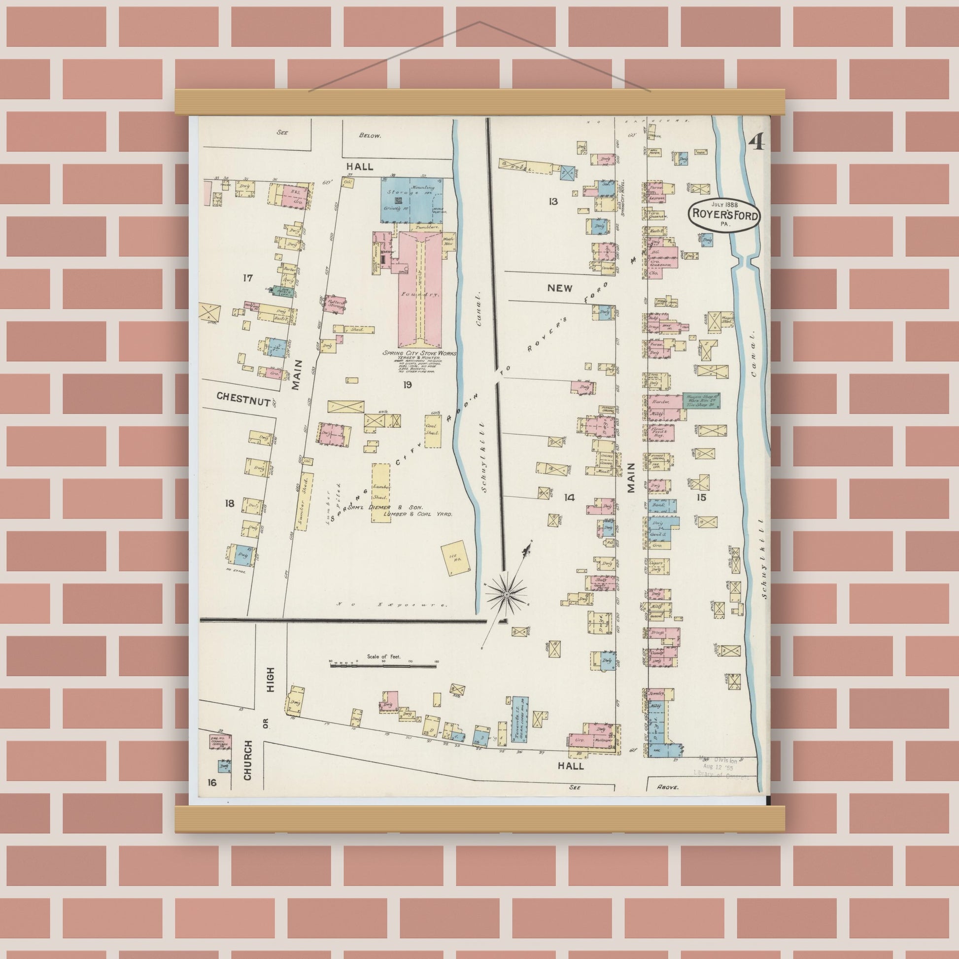 Old map wall art mockup — magnetic wood frame on brick wall — Sanborn Fire Insurance Map from Royersford, Montgomery County, Pennsylvania (1888), Sheet #0004