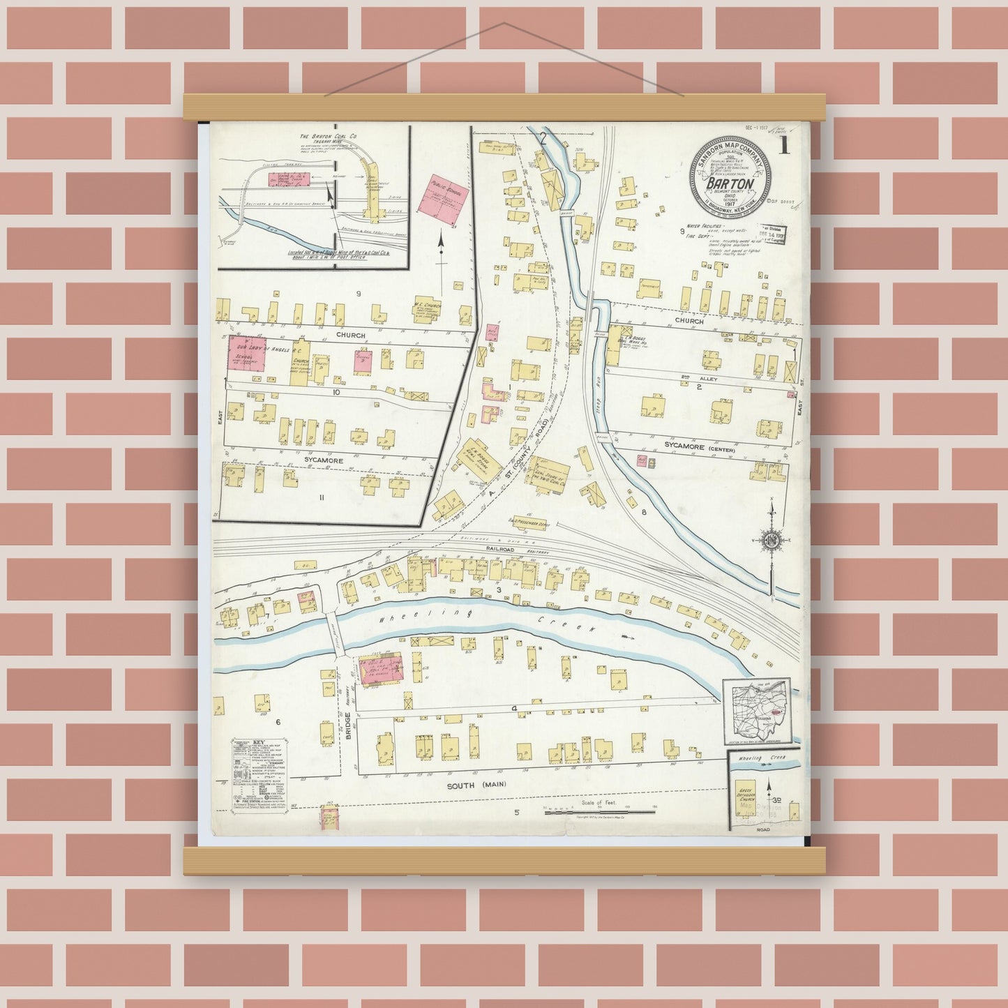 Old map wall art mockup — magnetic wood frame on brick wall — Sanborn Fire Insurance Map from Barton, Belmont County, Ohio (1917) - Complete Map Set