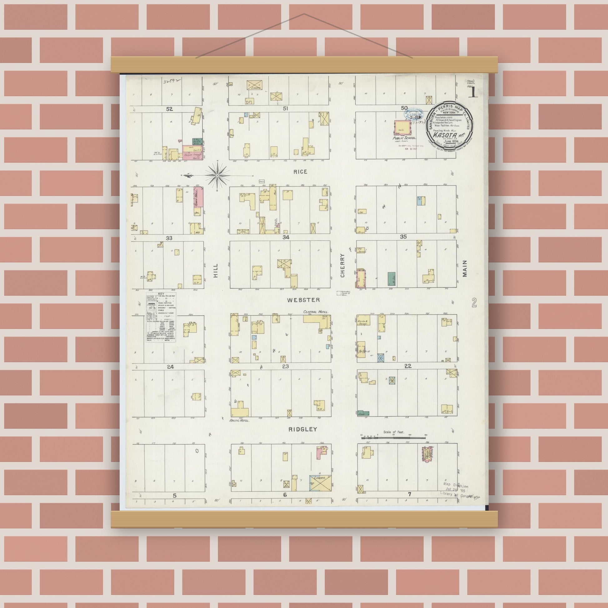 Old map wall art mockup — magnetic wood frame on brick wall — Sanborn Fire Insurance Map from Kasota, Le Sueur County, Minnesota (1894), Sheet #0001