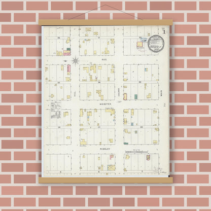 Old map wall art mockup — magnetic wood frame on brick wall — Sanborn Fire Insurance Map from Kasota, Le Sueur County, Minnesota (1894), Sheet #0001
