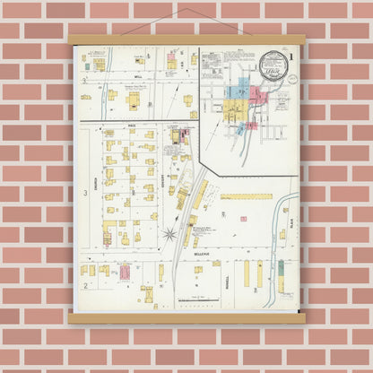 Old map wall art mockup — magnetic wood frame on brick wall — Sanborn Fire Insurance Map from Leslie, Ingham County, Michigan (1900) - Complete Map Set