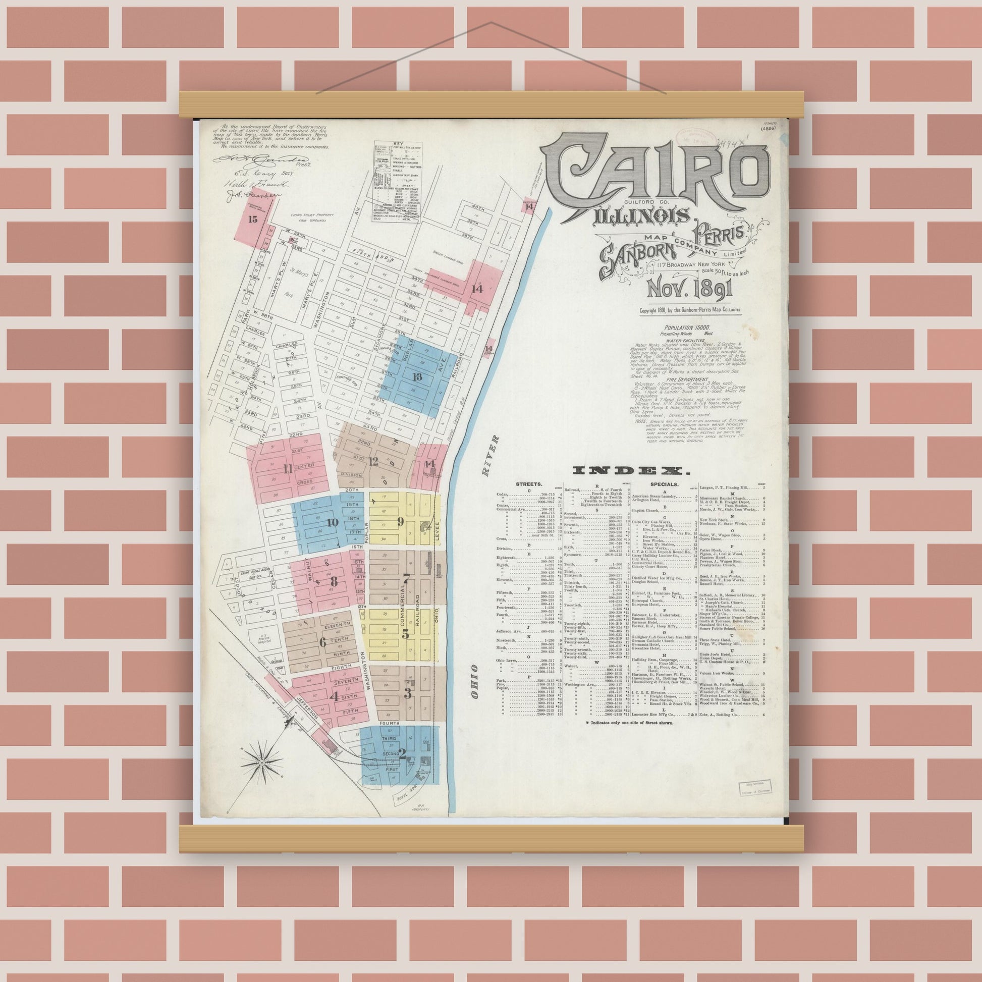 Old map wall art mockup — magnetic wood frame on brick wall — Sanborn Fire Insurance Map from Cairo, Alexander County, Illinois (1891) - Complete Map Set