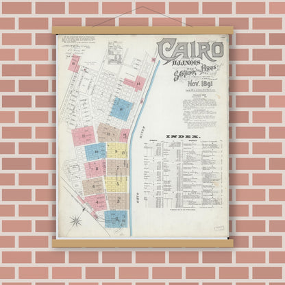 Old map wall art mockup — magnetic wood frame on brick wall — Sanborn Fire Insurance Map from Cairo, Alexander County, Illinois (1891) - Complete Map Set
