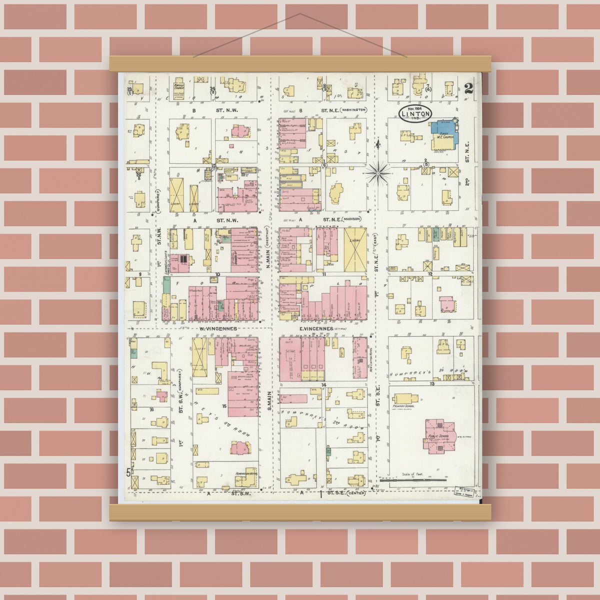 Old map wall art mockup — magnetic wood frame on brick wall — Sanborn Fire Insurance Map from Linton, Greene County, Indiana (1904), Sheet #0002
