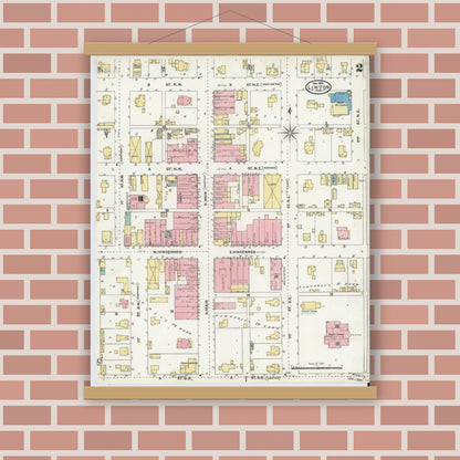 Old map wall art mockup — magnetic wood frame on brick wall — Sanborn Fire Insurance Map from Linton, Greene County, Indiana (1904), Sheet #0002