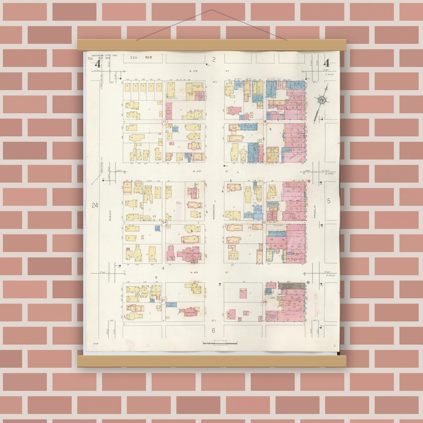 Old map wall art mockup — magnetic wood frame on brick wall — Sanborn Fire Insurance Map from Michigan City, La Porte County, Indiana (1948), Sheet #0004