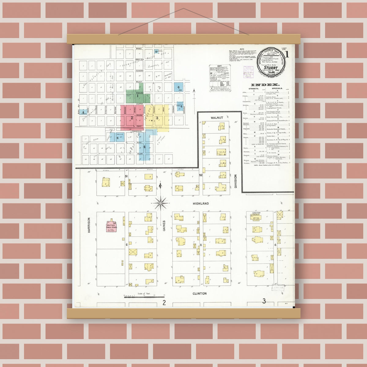 Old map wall art mockup — magnetic wood frame on brick wall — Sanborn Fire Insurance Map from Stuart, Guthrie and Adair Counties, Iowa (1901) â€” Complete Set