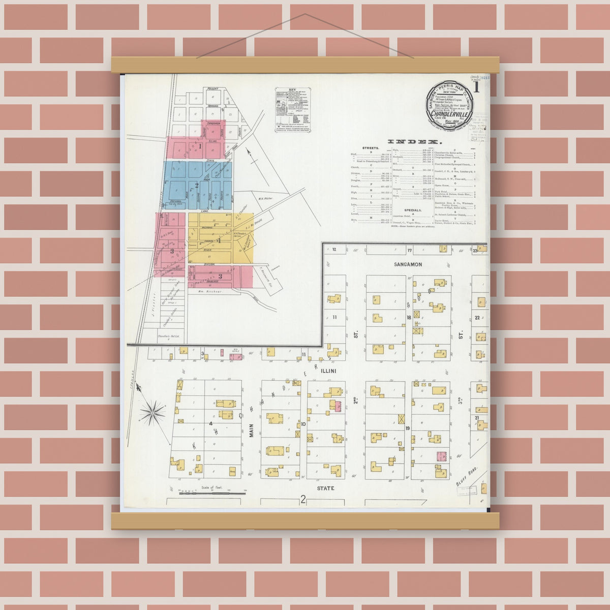Old map wall art mockup — magnetic wood frame on brick wall — Sanborn Fire Insurance Map from Chandlerville, Cass County, Illinois (1900) - Complete Map Set