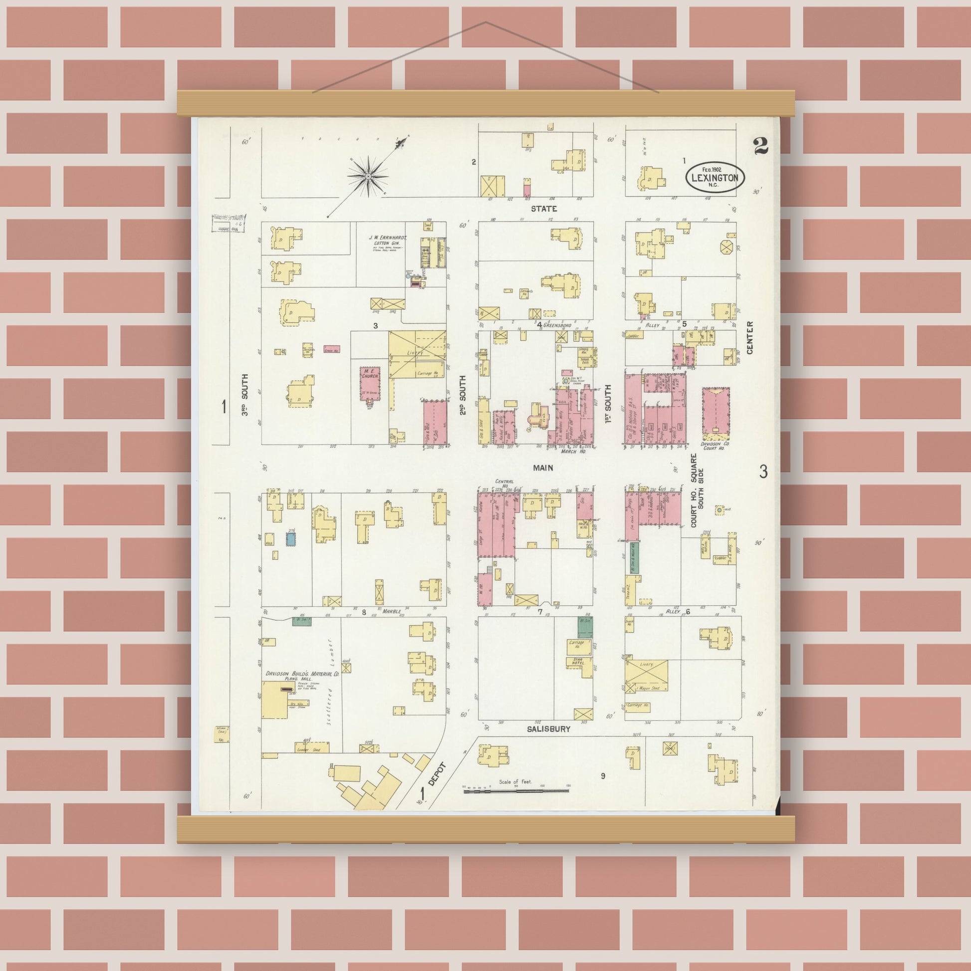 Old map wall art mockup — magnetic wood frame on brick wall — Sanborn Fire Insurance Map from Lexington, Davidson County, North Carolina (1902), Sheet #0002