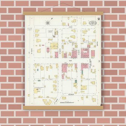 Old map wall art mockup — magnetic wood frame on brick wall — Sanborn Fire Insurance Map from Lexington, Davidson County, North Carolina (1902), Sheet #0002