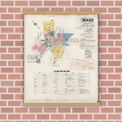 Old map wall art mockup — magnetic wood frame on brick wall — Sanborn Fire Insurance Map from Ware, Hampshire County, Massachusetts (1946), Sheet #0001