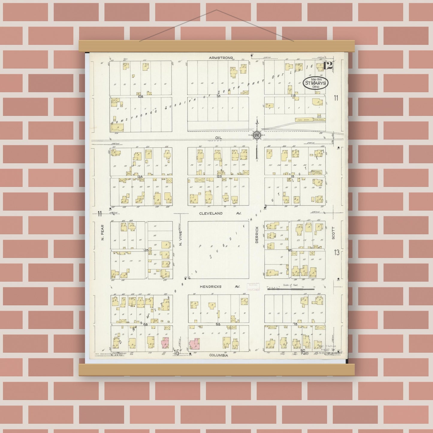 Old map wall art mockup — magnetic wood frame on brick wall — Sanborn Fire Insurance Map from Saint Marys, Auglaize County, Ohio (1914), Sheet #0012