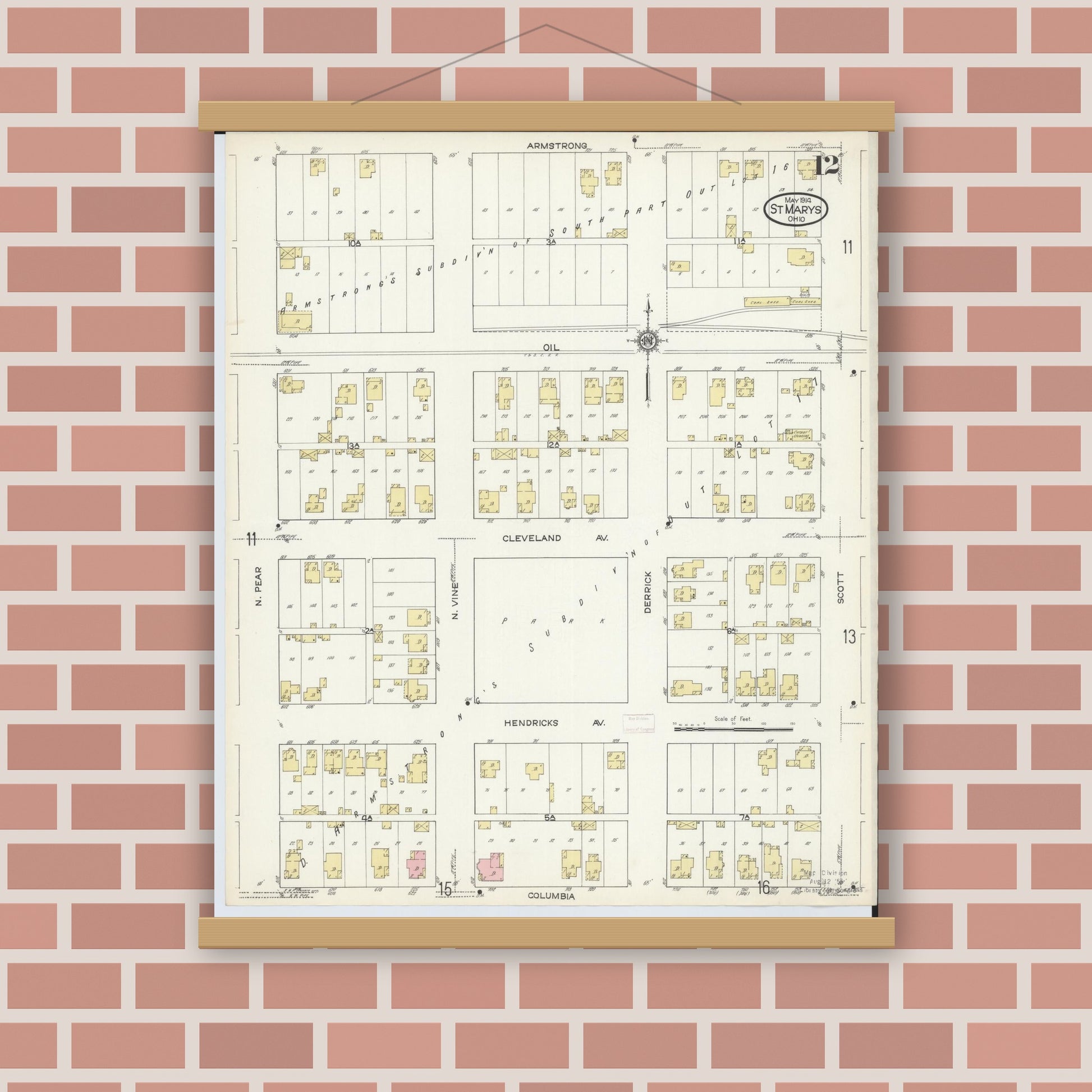Old map wall art mockup — magnetic wood frame on brick wall — Sanborn Fire Insurance Map from Saint Marys, Auglaize County, Ohio (1914), Sheet #0012