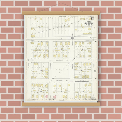 Old map wall art mockup — magnetic wood frame on brick wall — Sanborn Fire Insurance Map from Saint Marys, Auglaize County, Ohio (1914), Sheet #0012