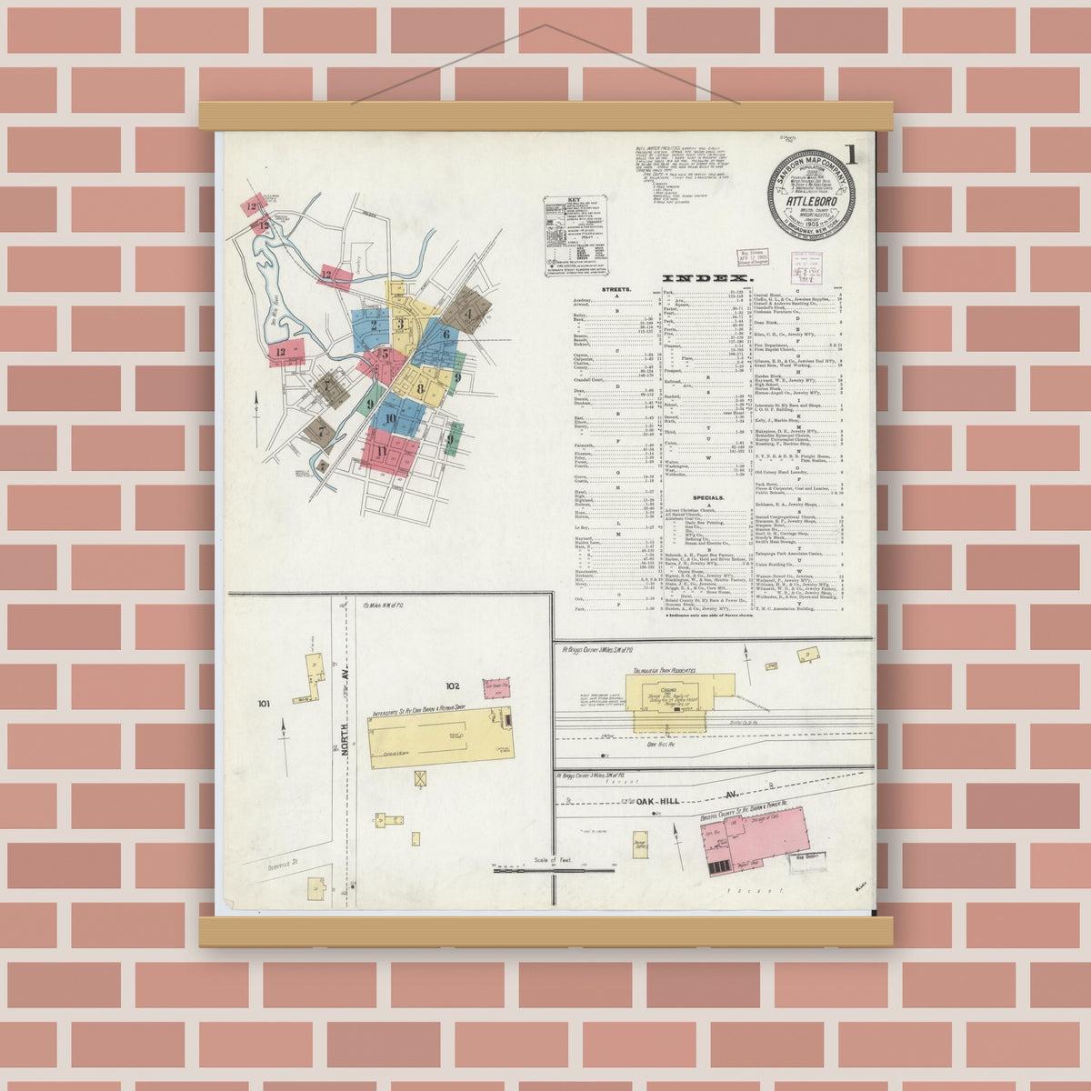 Old map wall art mockup — magnetic wood frame on brick wall — Sanborn Fire Insurance Map from Attleboro, Bristol County, Massachusetts (1905), Sheet #0001