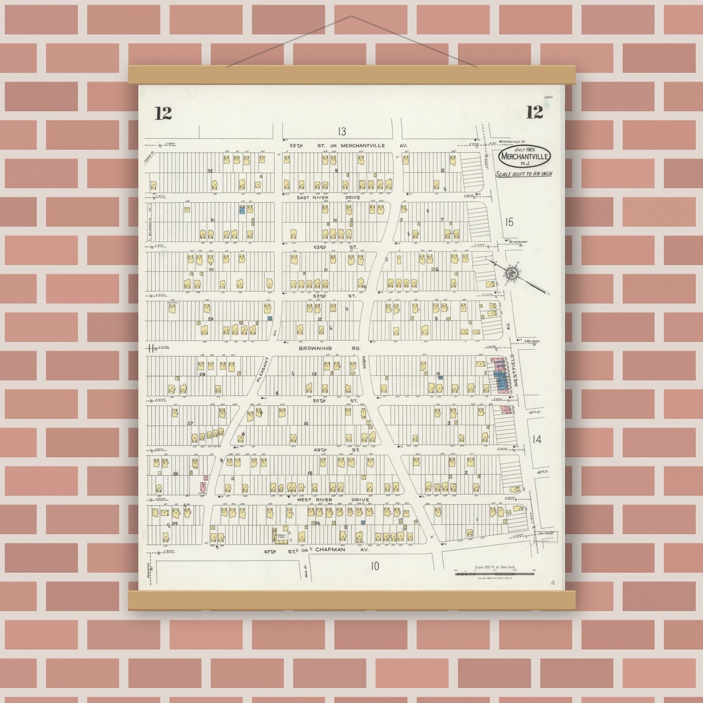 Old map wall art mockup — magnetic wood frame on brick wall — Sanborn Fire Insurance Map from Merchantville, Camden County, New Jersey (1925), Sheet #0012