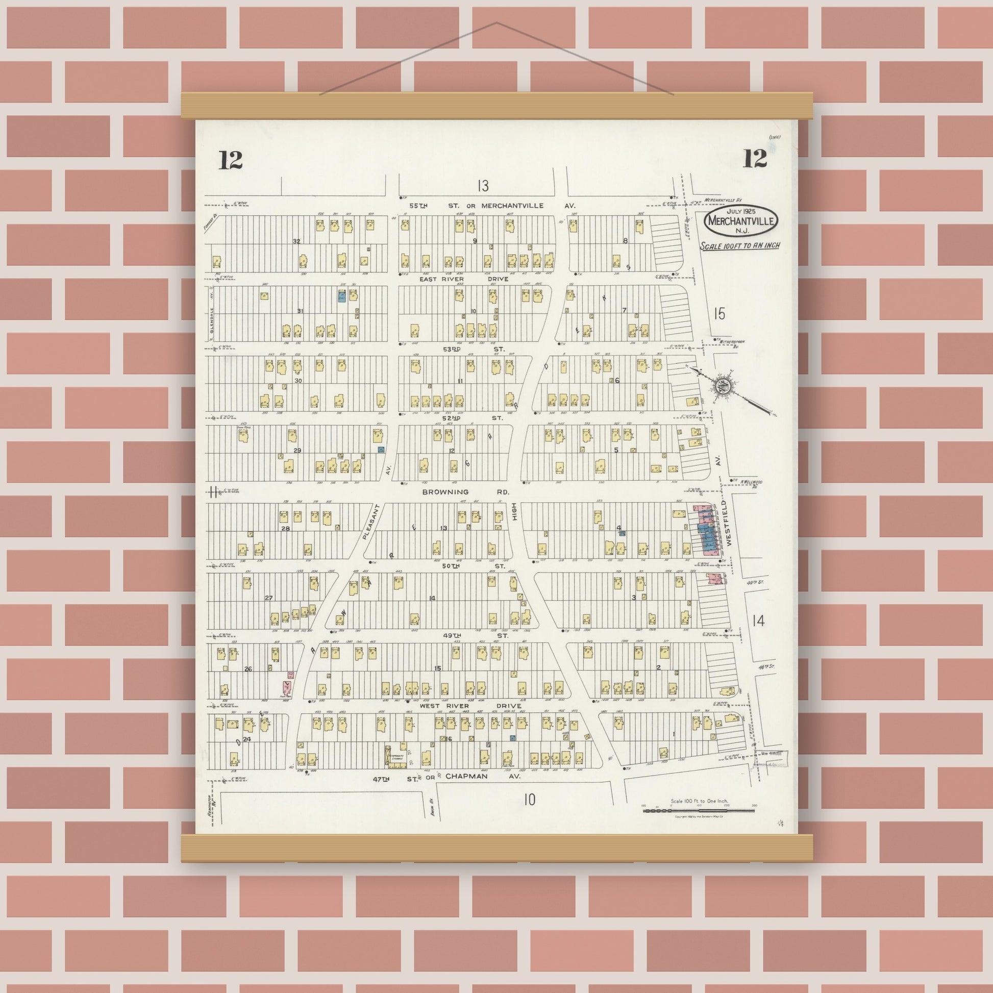 Old map wall art mockup — magnetic wood frame on brick wall — Sanborn Fire Insurance Map from Merchantville, Camden County, New Jersey (1925), Sheet #0012
