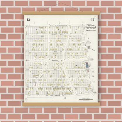 Old map wall art mockup — magnetic wood frame on brick wall — Sanborn Fire Insurance Map from Merchantville, Camden County, New Jersey (1925), Sheet #0012