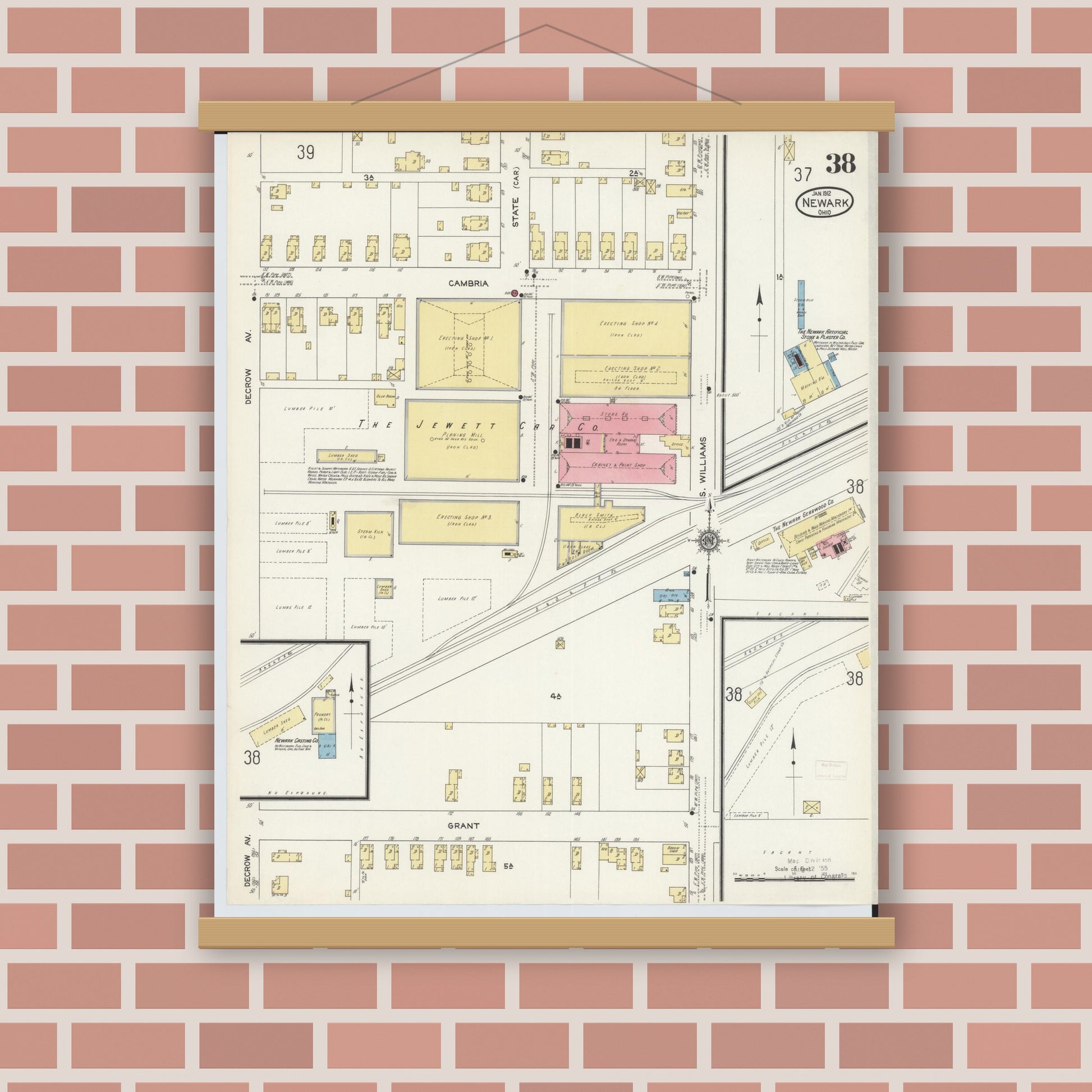 Old map wall art mockup — magnetic wood frame on brick wall — Sanborn Fire Insurance Map from Newark, Licking County, Ohio (1912), Sheet #0038