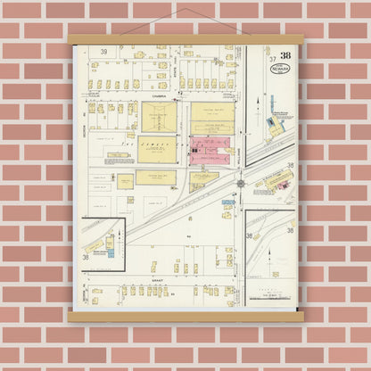 Old map wall art mockup — magnetic wood frame on brick wall — Sanborn Fire Insurance Map from Newark, Licking County, Ohio (1912), Sheet #0038