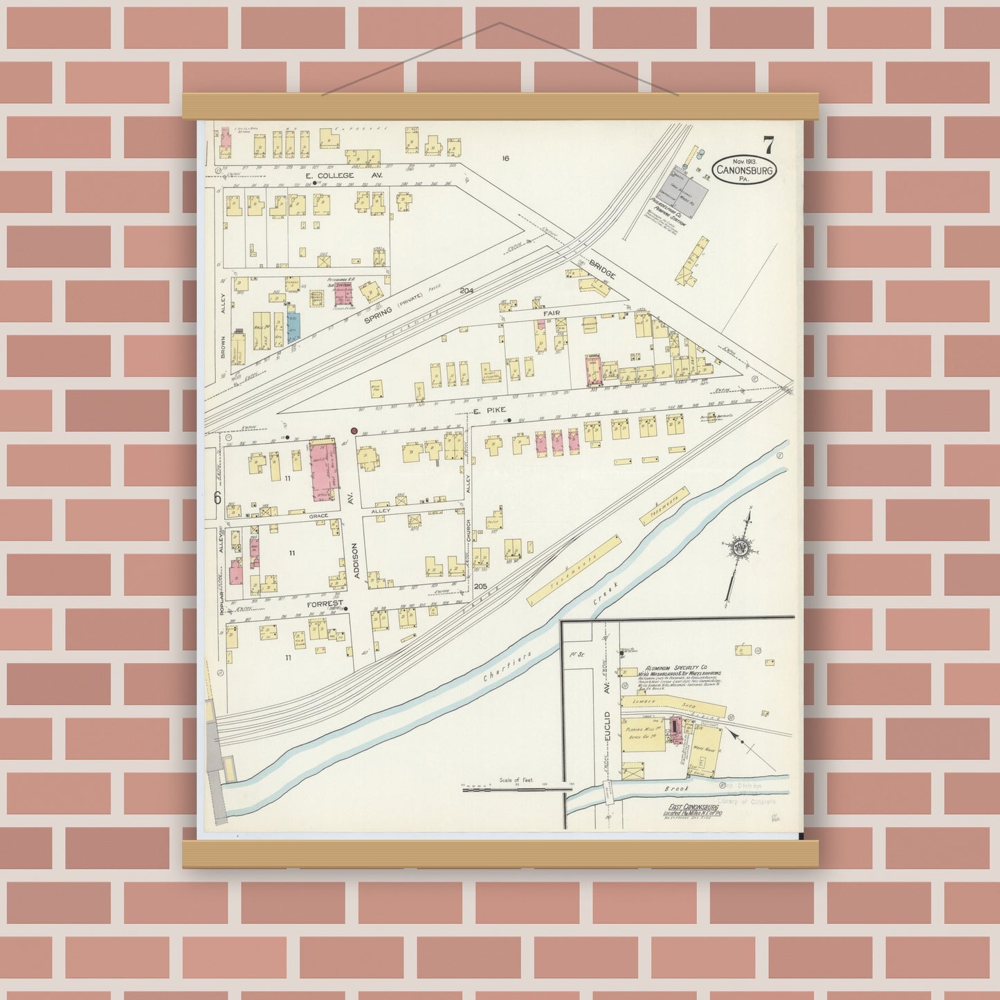 Old map wall art mockup — magnetic wood frame on brick wall — Sanborn Fire Insurance Map from Canonsburg, Washington County, Pennsylvania (1913), Sheet #0007