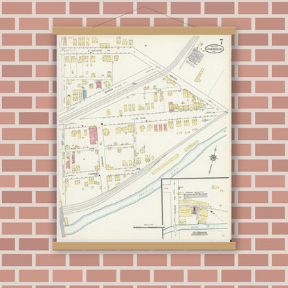 Old map wall art mockup — magnetic wood frame on brick wall — Sanborn Fire Insurance Map from Canonsburg, Washington County, Pennsylvania (1913), Sheet #0007