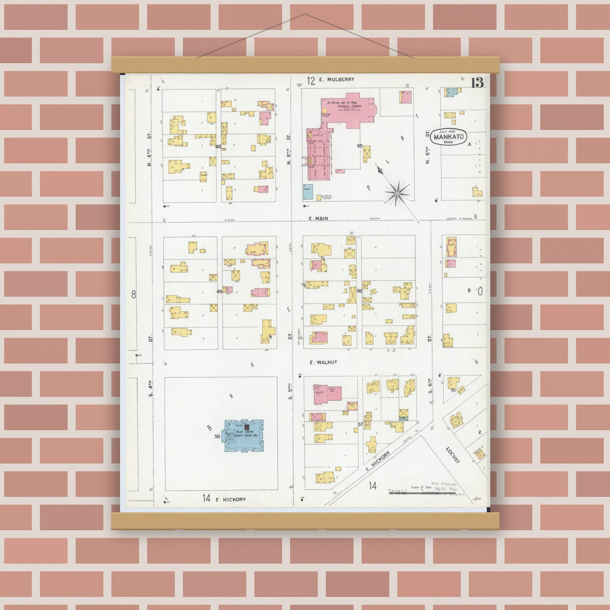 Old map wall art mockup — magnetic wood frame on brick wall — Sanborn Fire Insurance Map from Mankato, Blue Earth County, Minnesota (1900), Sheet #0013