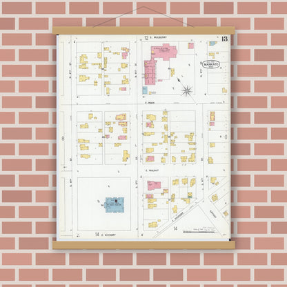 Old map wall art mockup — magnetic wood frame on brick wall — Sanborn Fire Insurance Map from Mankato, Blue Earth County, Minnesota (1900), Sheet #0013