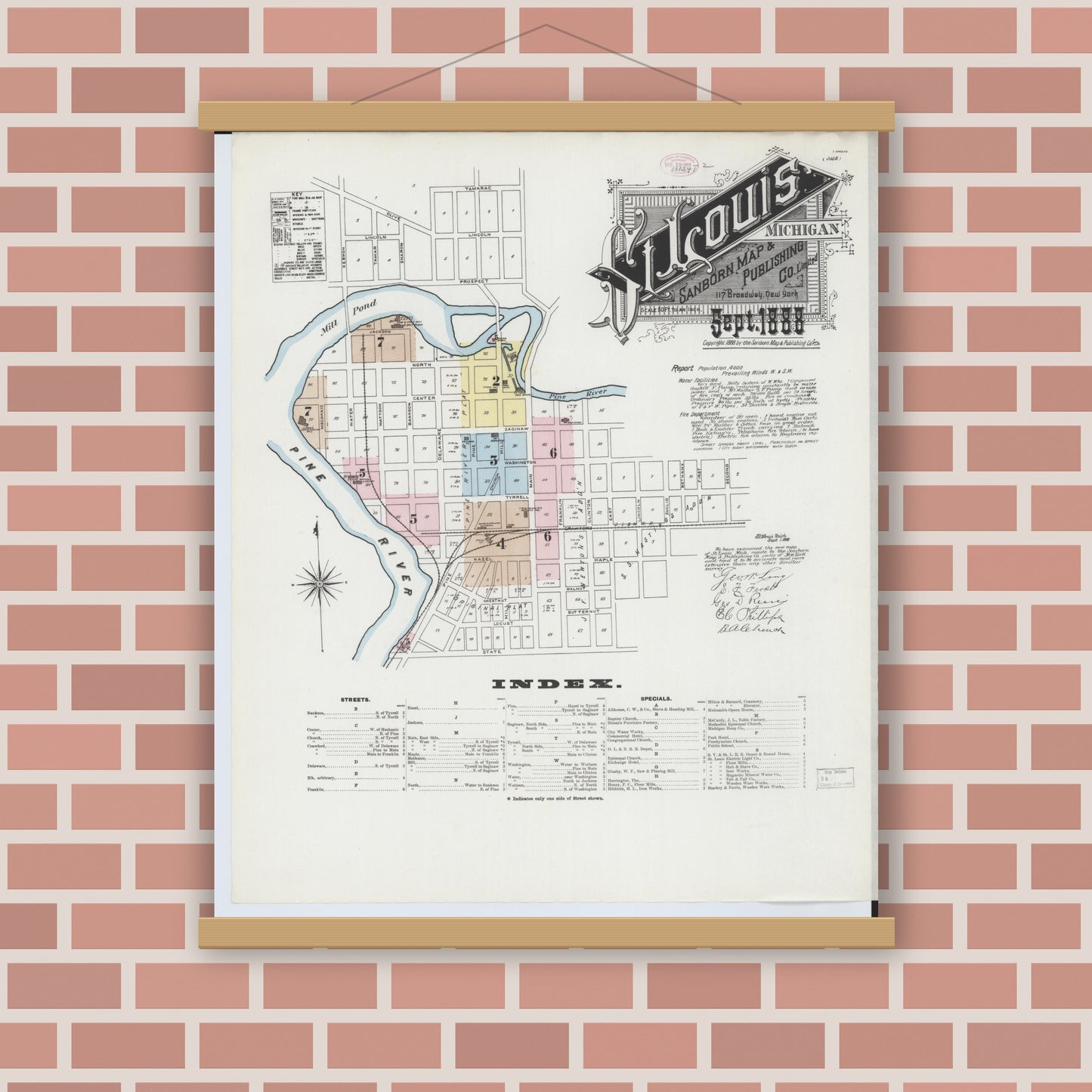 Old map wall art mockup — magnetic wood frame on brick wall — Sanborn Fire Insurance Map from Saint Louis, Gratiot County, Michigan (1888) - Complete Map Set