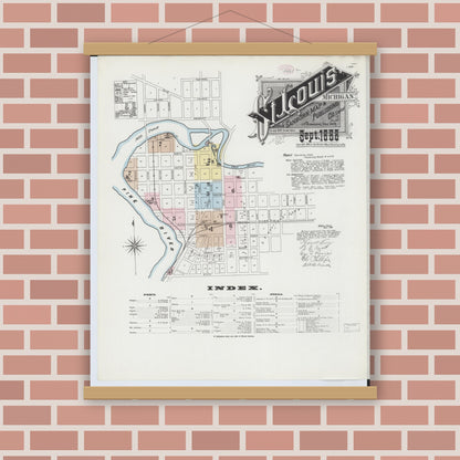 Old map wall art mockup — magnetic wood frame on brick wall — Sanborn Fire Insurance Map from Saint Louis, Gratiot County, Michigan (1888) - Complete Map Set