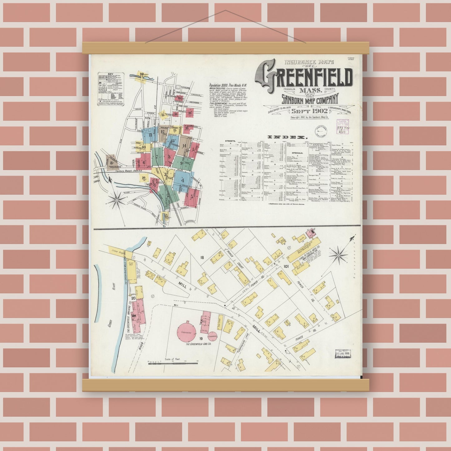 Old map wall art mockup — magnetic wood frame on brick wall — Sanborn Fire Insurance Map from Greenfield, Franklin County, Massachusetts (1902) - Complete Map Set