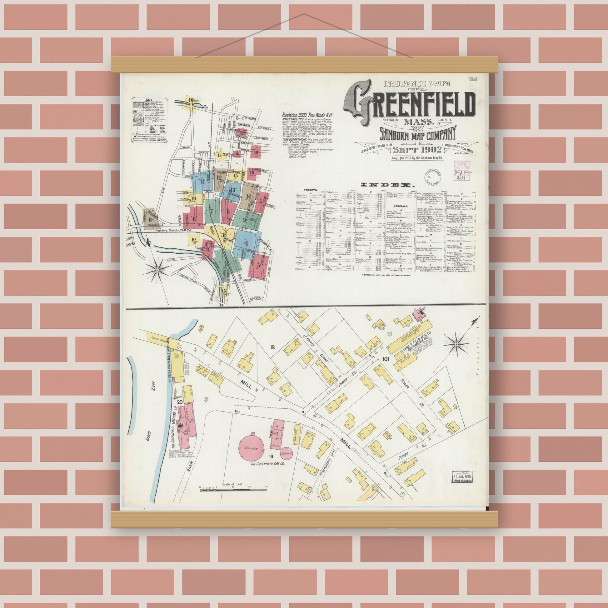 Old map wall art mockup — magnetic wood frame on brick wall — Sanborn Fire Insurance Map from Greenfield, Franklin County, Massachusetts (1902) - Complete Map Set