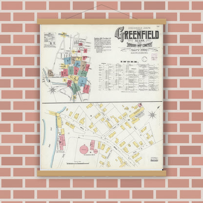 Old map wall art mockup — magnetic wood frame on brick wall — Sanborn Fire Insurance Map from Greenfield, Franklin County, Massachusetts (1902) - Complete Map Set