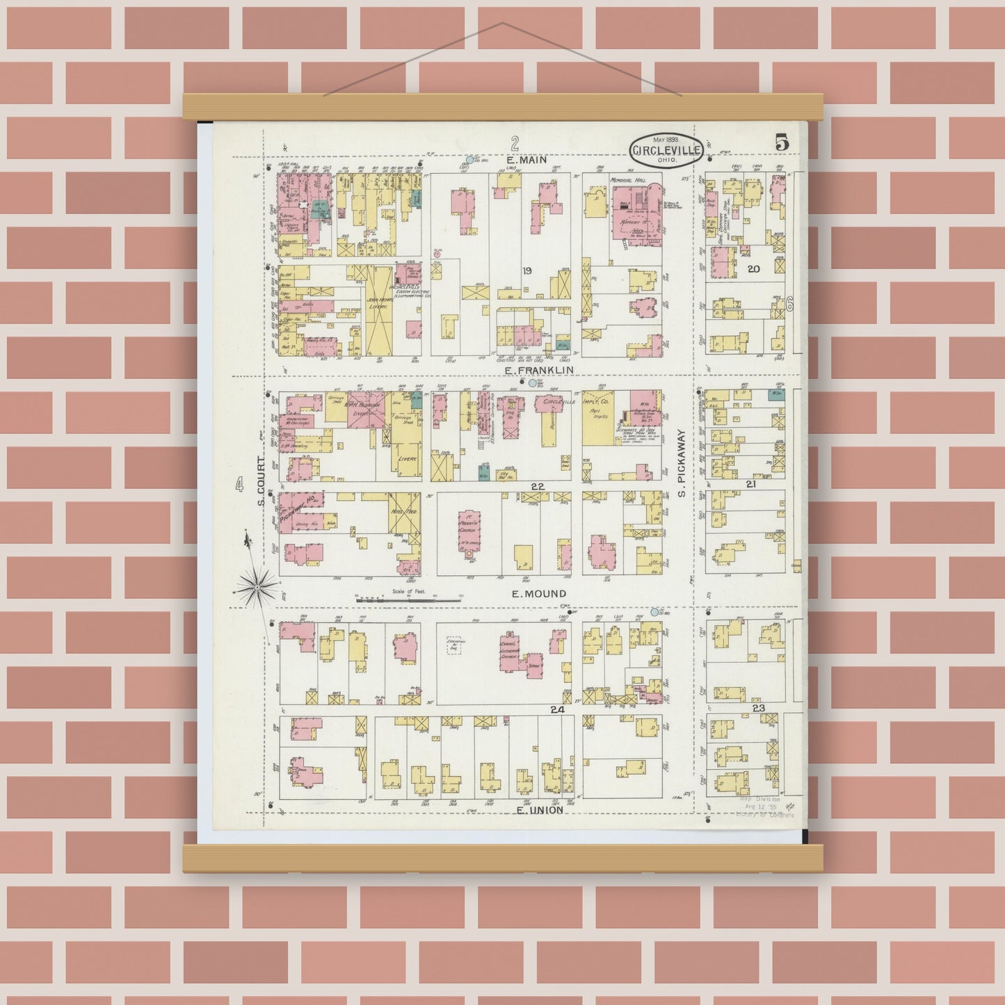 Old map wall art mockup — magnetic wood frame on brick wall — Sanborn Fire Insurance Map from Circleville, Pickaway County, Ohio (1893), Sheet #0005