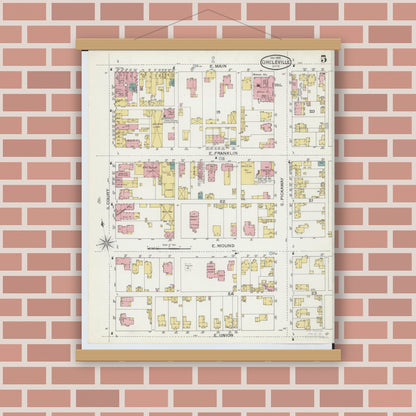 Old map wall art mockup — magnetic wood frame on brick wall — Sanborn Fire Insurance Map from Circleville, Pickaway County, Ohio (1893), Sheet #0005