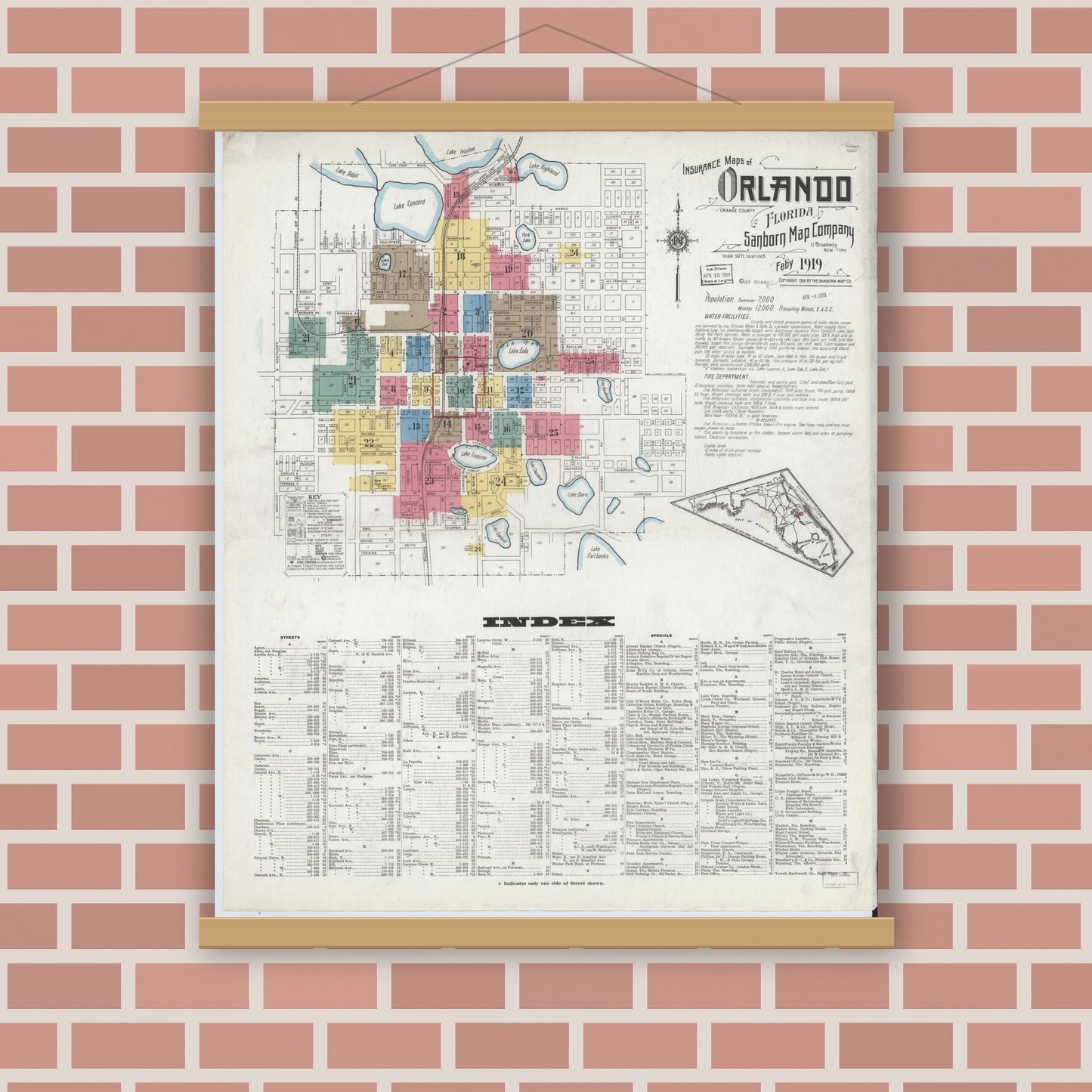Old map wall art mockup — magnetic wood frame on brick wall — Sanborn Fire Insurance Map from Orlando, Orange County, Florida (1919) - Complete Map Set