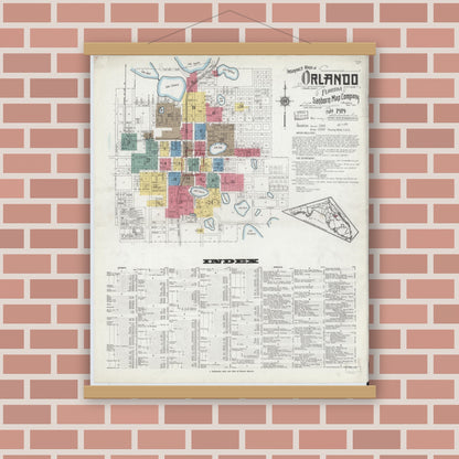 Old map wall art mockup — magnetic wood frame on brick wall — Sanborn Fire Insurance Map from Orlando, Orange County, Florida (1919) - Complete Map Set