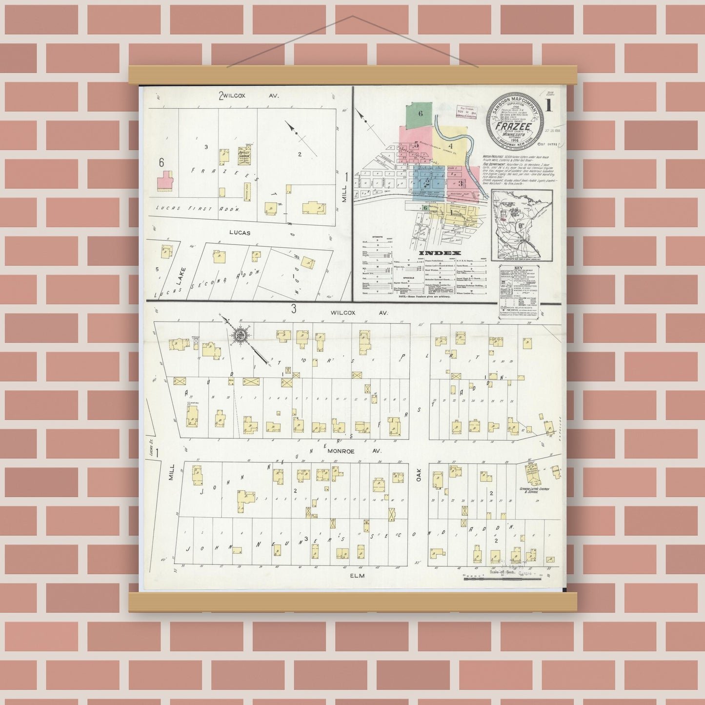 Old map wall art mockup — magnetic wood frame on brick wall — Sanborn Fire Insurance Map from Frazee, Becker County, Minnesota (1914), Sheet #0001