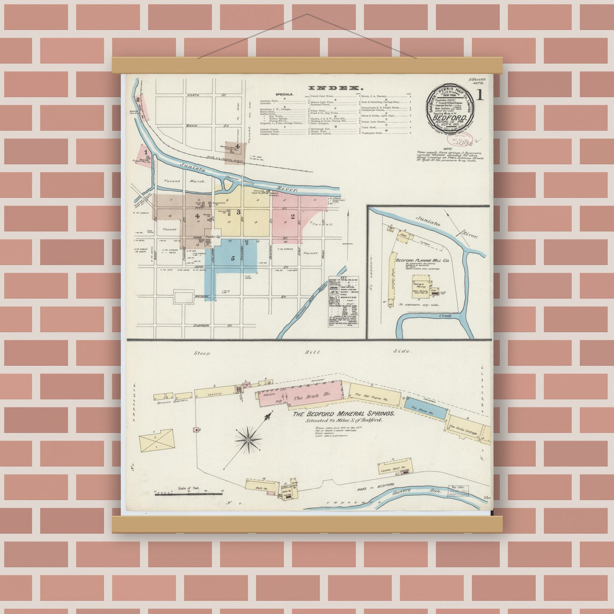 Old map wall art mockup — magnetic wood frame on brick wall — Sanborn Fire Insurance Map from Bedford, Bedford County, Pennsylvania (1891) - Complete Map Set