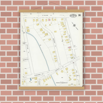 Old map wall art mockup — magnetic wood frame on brick wall — Sanborn Fire Insurance Map from Englewood, Bergen County, New Jersey (1915), Sheet #0016
