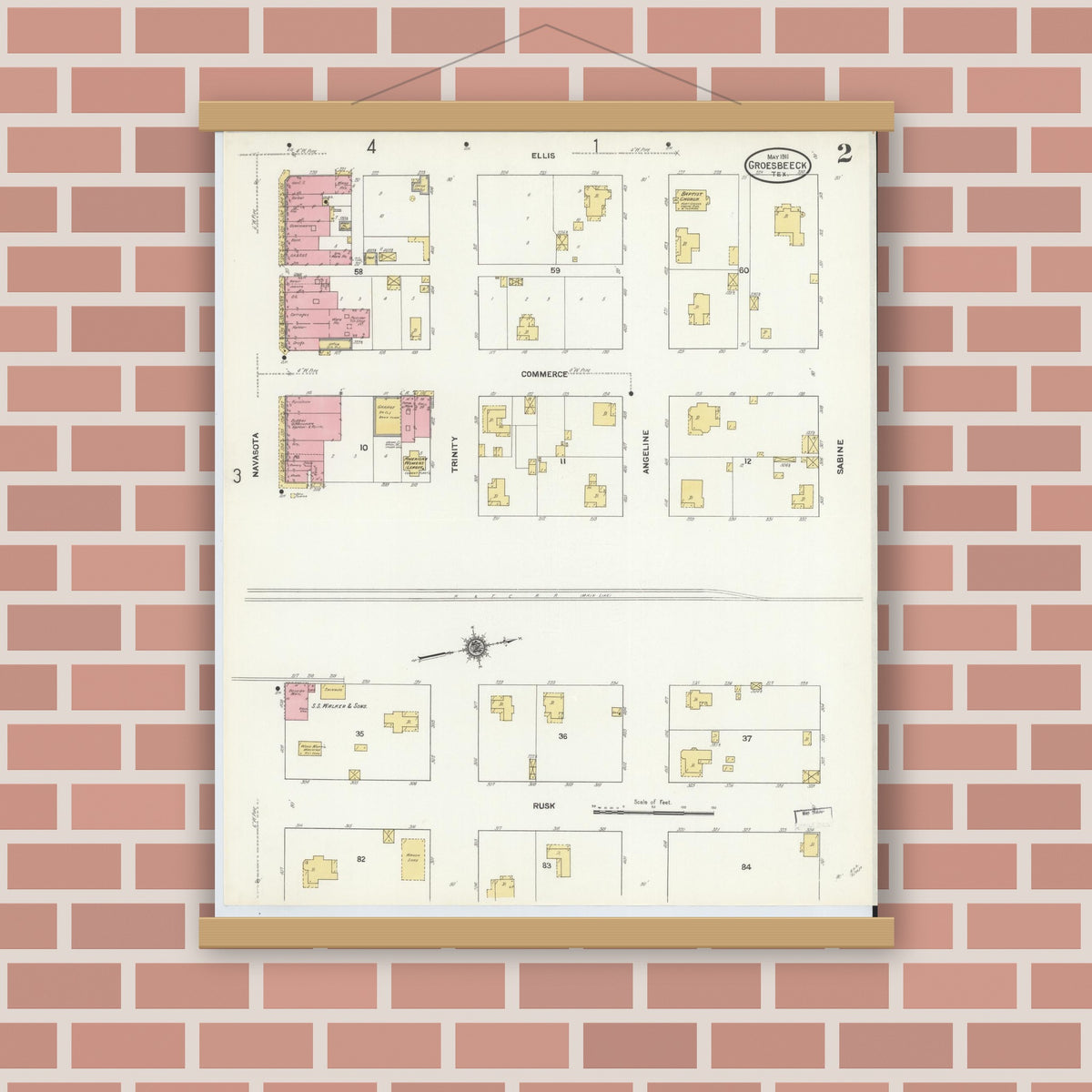 Old map wall art mockup — magnetic wood frame on brick wall — Sanborn Fire Insurance Map from Groesbeck, Limestone County, Texas (1911), Sheet #0002