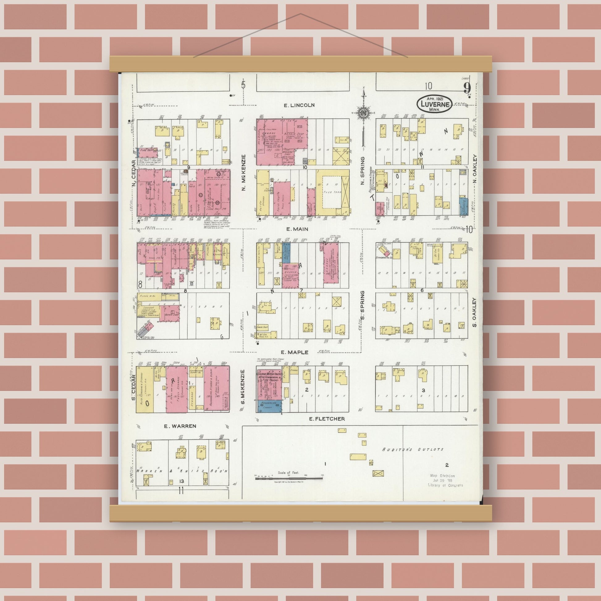 Old map wall art mockup — magnetic wood frame on brick wall — Sanborn Fire Insurance Map from Luverne, Rock County, Minnesota (1921), Sheet #0009