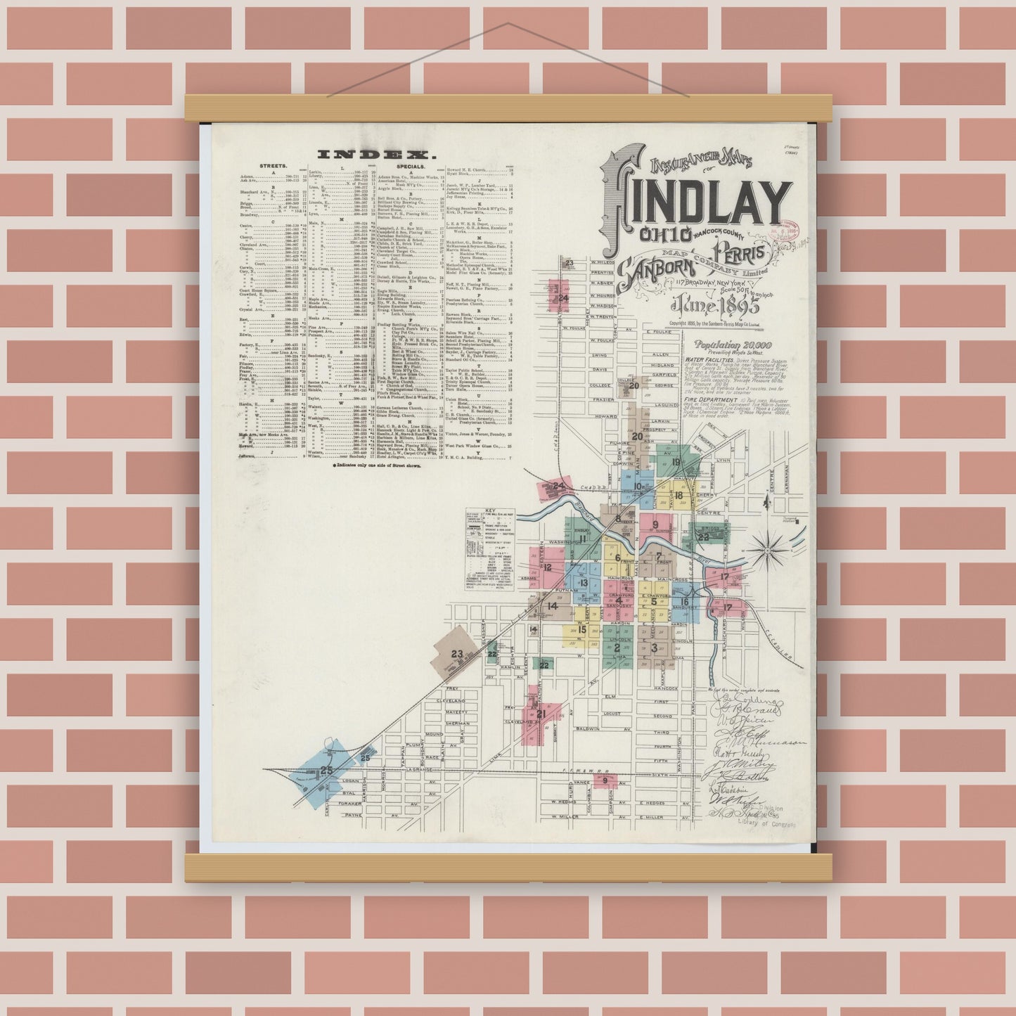 Old map wall art mockup — magnetic wood frame on brick wall — Sanborn Fire Insurance Map from Findlay, Hancock County, Ohio (1895), Sheet #0001