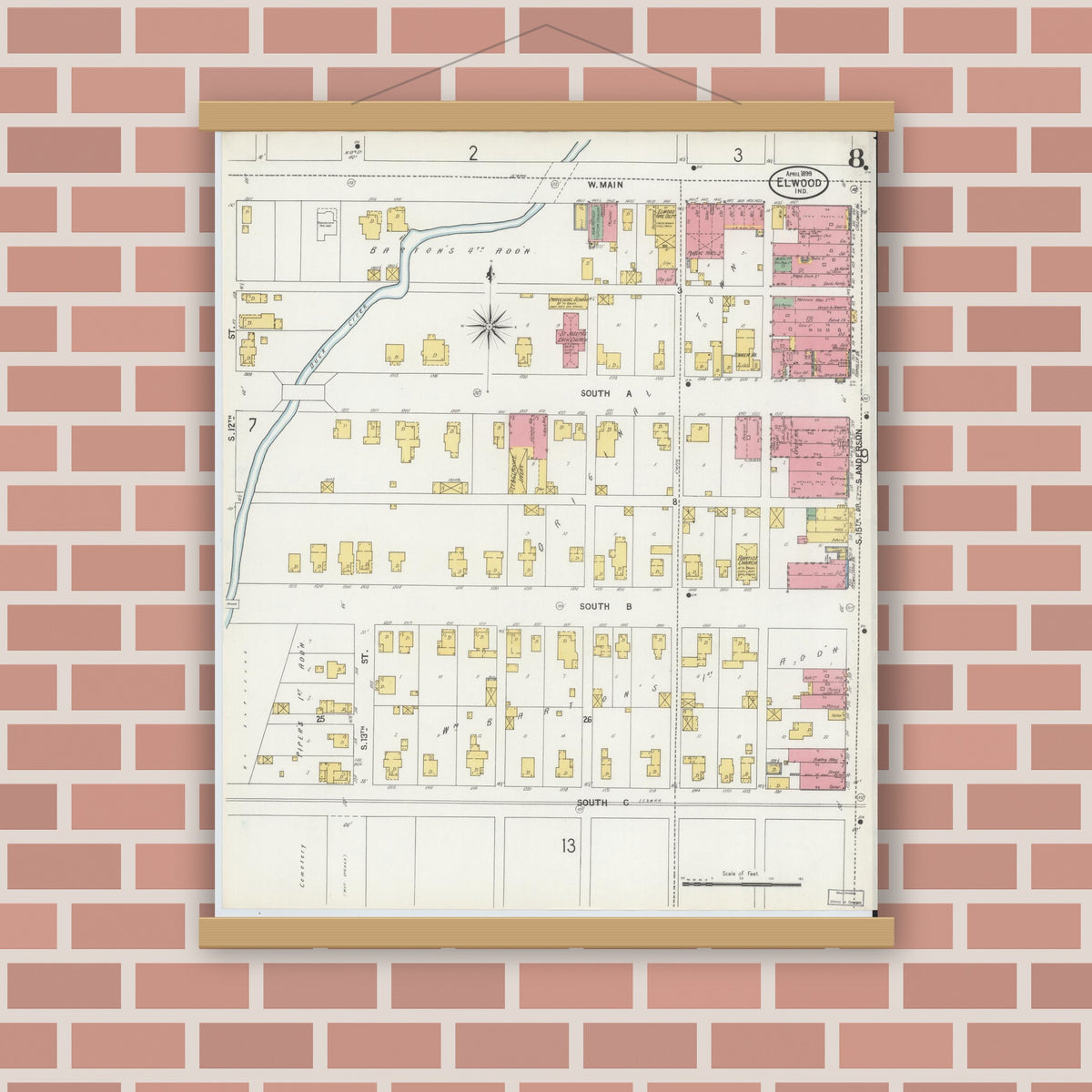 Old map wall art mockup — magnetic wood frame on brick wall — Sanborn Fire Insurance Map from Elwood, Madison County, Indiana (1899), Sheet #0008