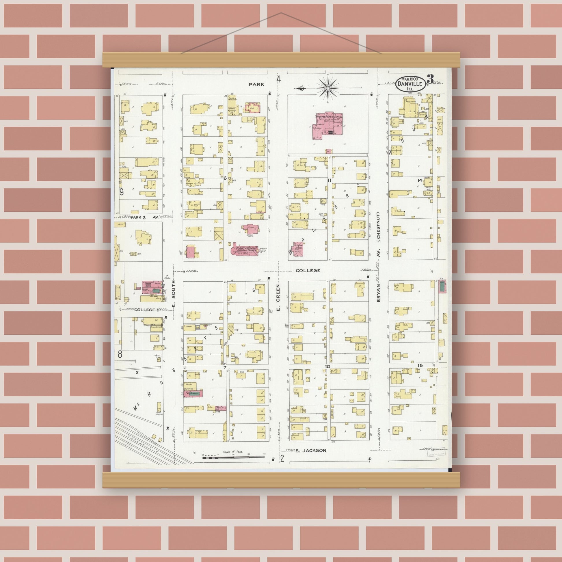 Old map wall art mockup — magnetic wood frame on brick wall — Sanborn Fire Insurance Map from Danville, Vermilion County, Illinois (1909), Sheet #0003