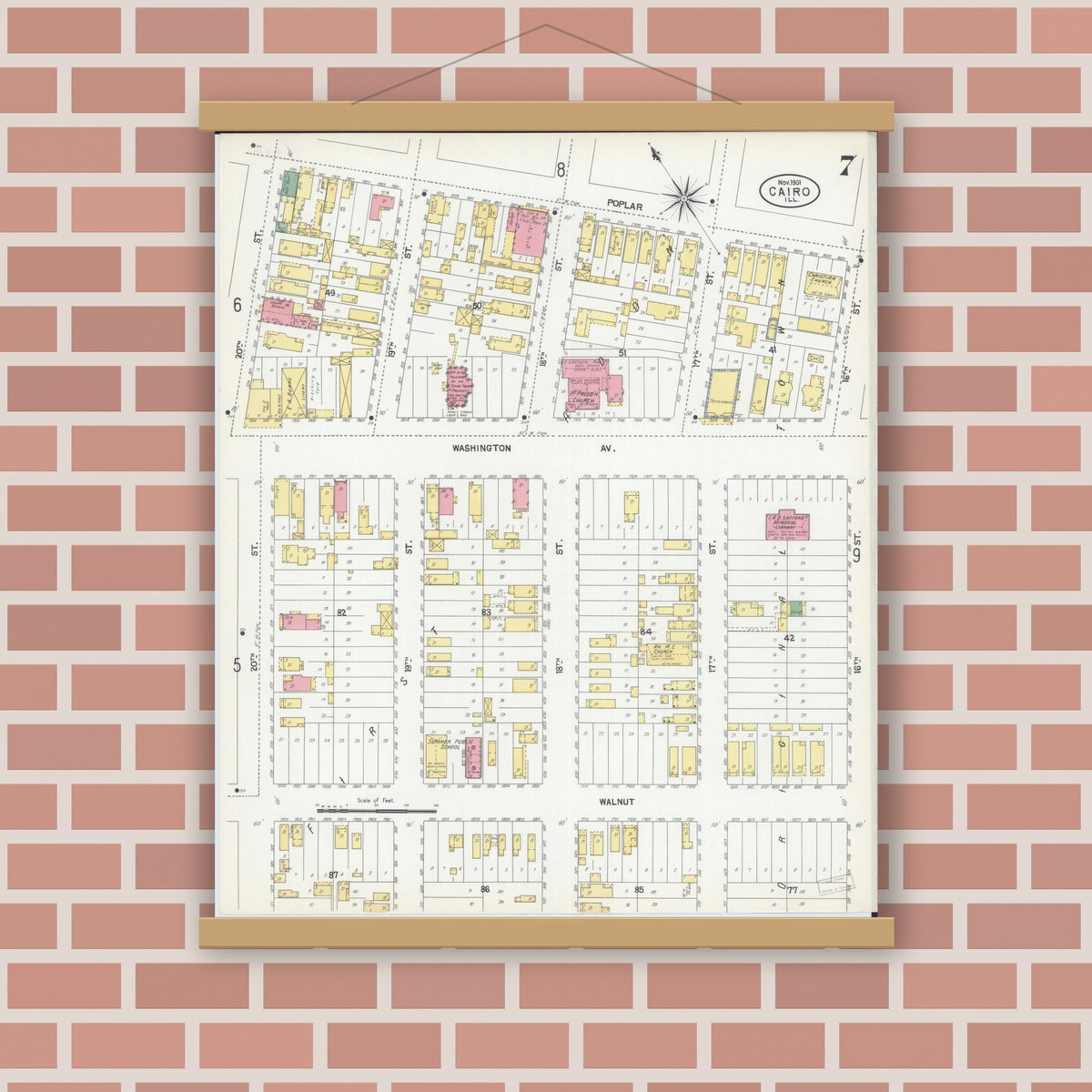 Old map wall art mockup — magnetic wood frame on brick wall — Sanborn Fire Insurance Map from Cairo, Alexander County, Illinois (1901), Sheet #0007
